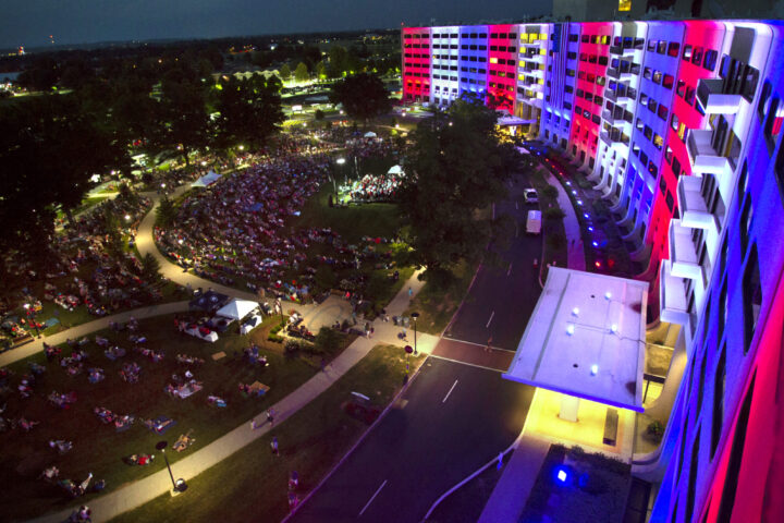 aerial view of patriotic symphony concert outdoors at hospital