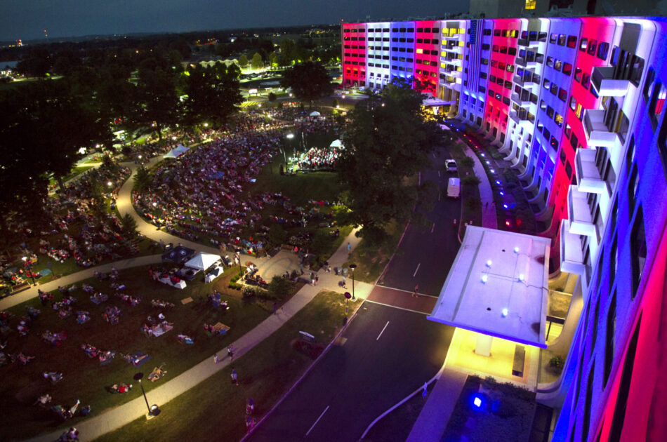 aerial view of patriotic symphony concert outdoors at hospital